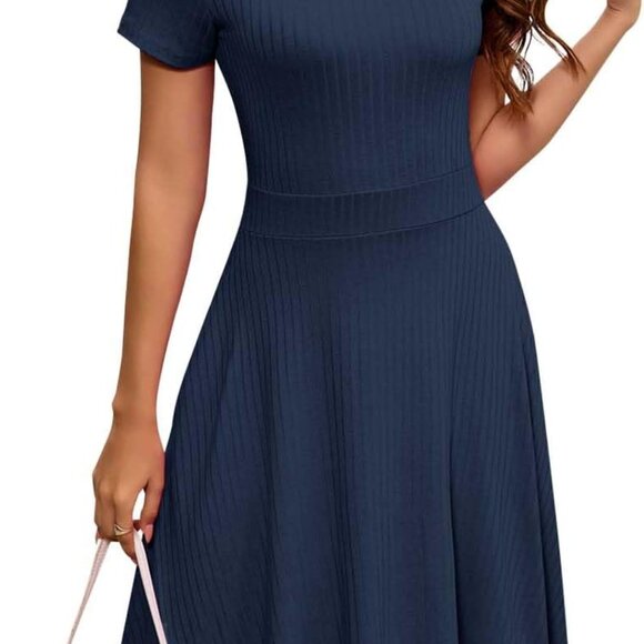 Womens Summer Dress Short Sleeve Ribbed Knit A-Line Casual Beach Vacation - Picture 1 of 8